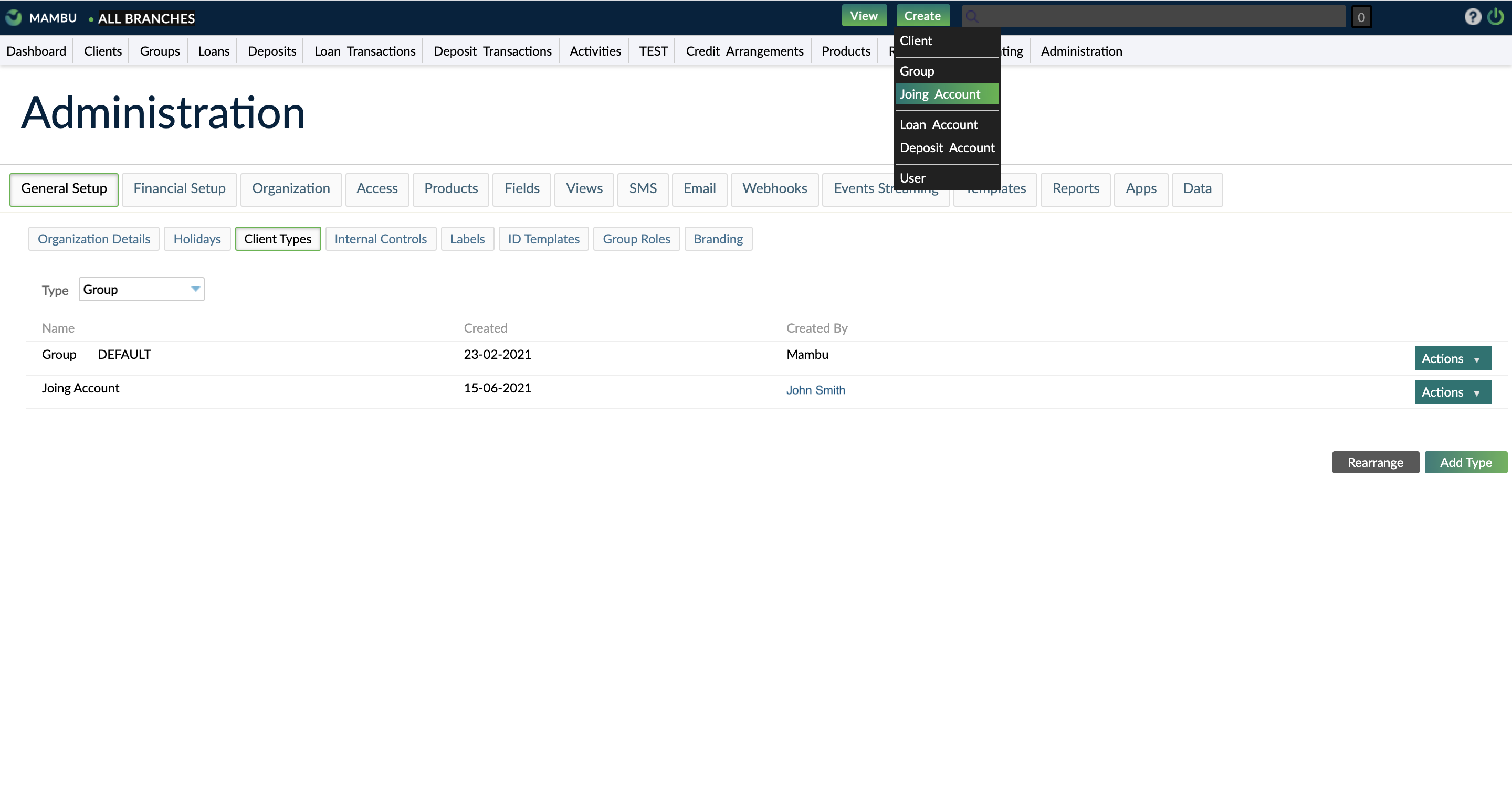 Create menu with Joint Account option available